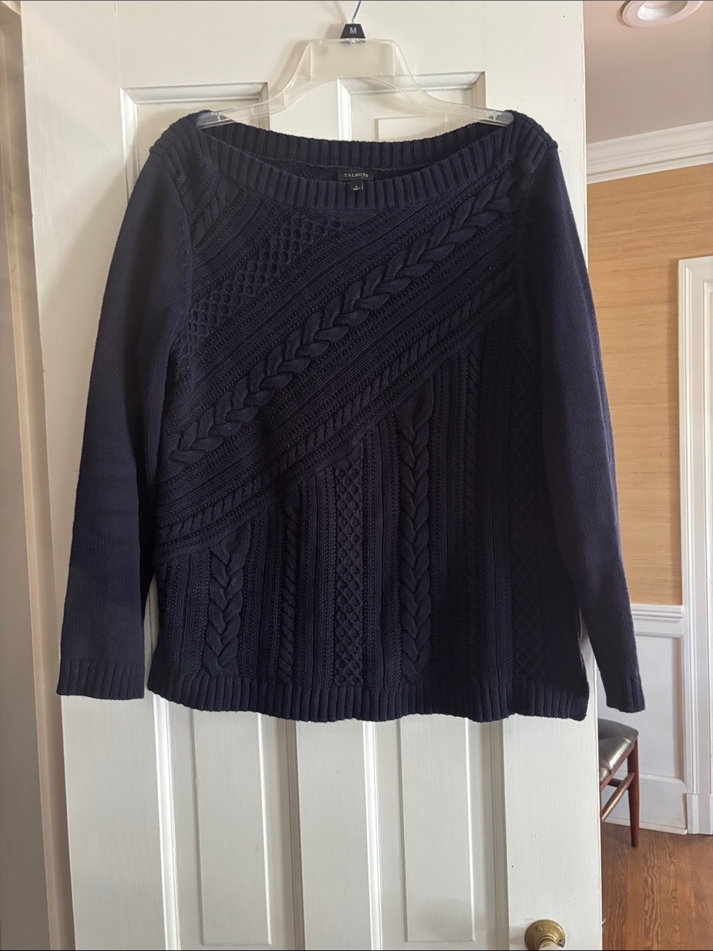 Talbots Navy Cable Knit Boatneck Pullover Sweater